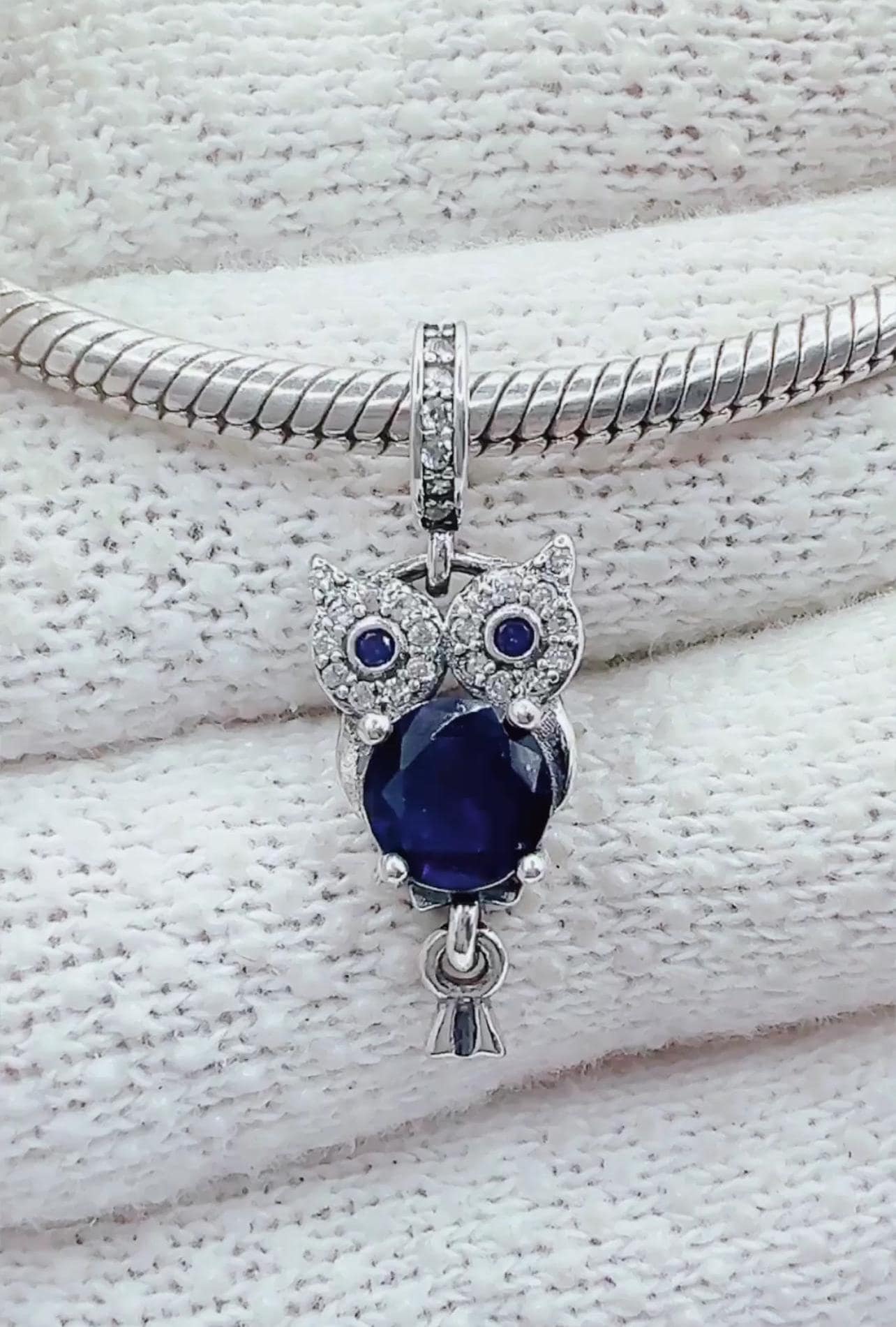 Blue Crystal Owl S925 Sterling Silver Dangle Charm For Pandora Bracelet