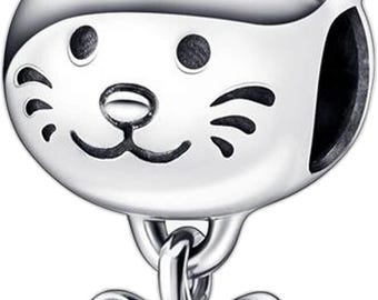 Pet Cat With Bow Charm for Pandora Bracelet, S925 Silver Kitty Cat with Bow Amulet, Lucky Animal Cat Charm, Gifts for Animal Lover or Family