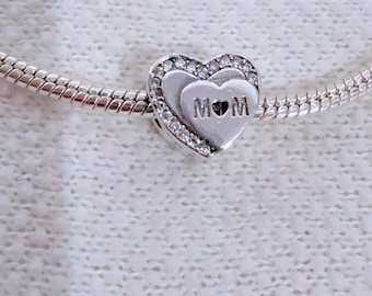 Sterling Silver Mom Heart Charm with CZ - Pandora Compatible