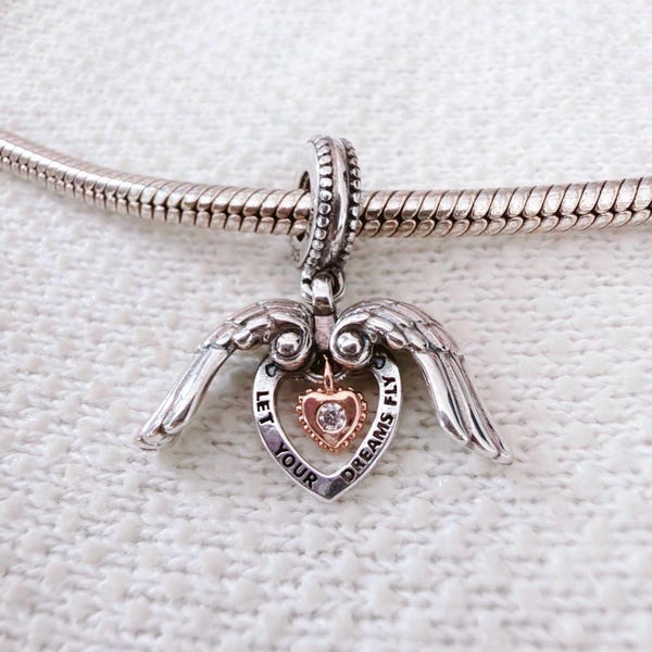 Angel Wings & Heart Dangle Charm S925 Sterling Silver Charm Fit Pandora Bracelet Necklace