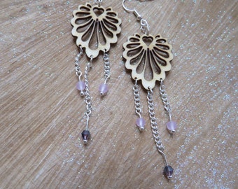 Wooden Drop Earrings, Teardrop Heart,  Handmade, Chandelier Style, Delicate Wood Filigree, Laser cut, Crystal Glass, Unique, Gift for Her.