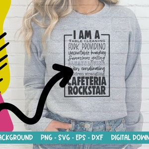 May include: A gray sweatshirt with the text "I am a Table Cleaning Fork Providing Uncrustable Hoarding Sometimes Yelling Always Loving Kitor Coordinating Idren Wrangling Cafeteria Rockstar" printed on it.