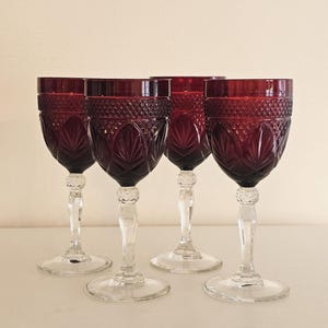 Cristal d&#39;Arques Durand Antique Ruby Red Crystal Stemware SET OF 4 Water Goblets Wine Glasses 8&quot; 1970s