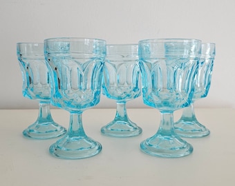 RARE Anchor Hocking Fairfield Blue Water Wine Juice Goblets Stemware SET OF 5, 1976
