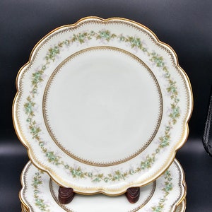 Antique J. McD & S. Limoges France Scalloped Luncheon Salad Dessert Plates SET OF 6 White Green Lavender Purple Gold 8.5&quot; Kaolin