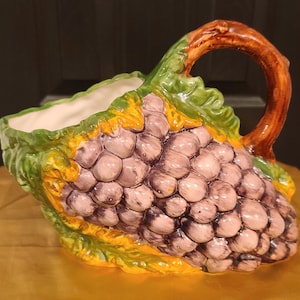 Vintage Bassano Majolica Grape Pitcher: Hand-Painted Italian Ceramic