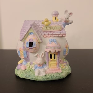 Artmark Porcelain Bisque Easter Egg Bunny School House Night Light Handpainted with Original Box