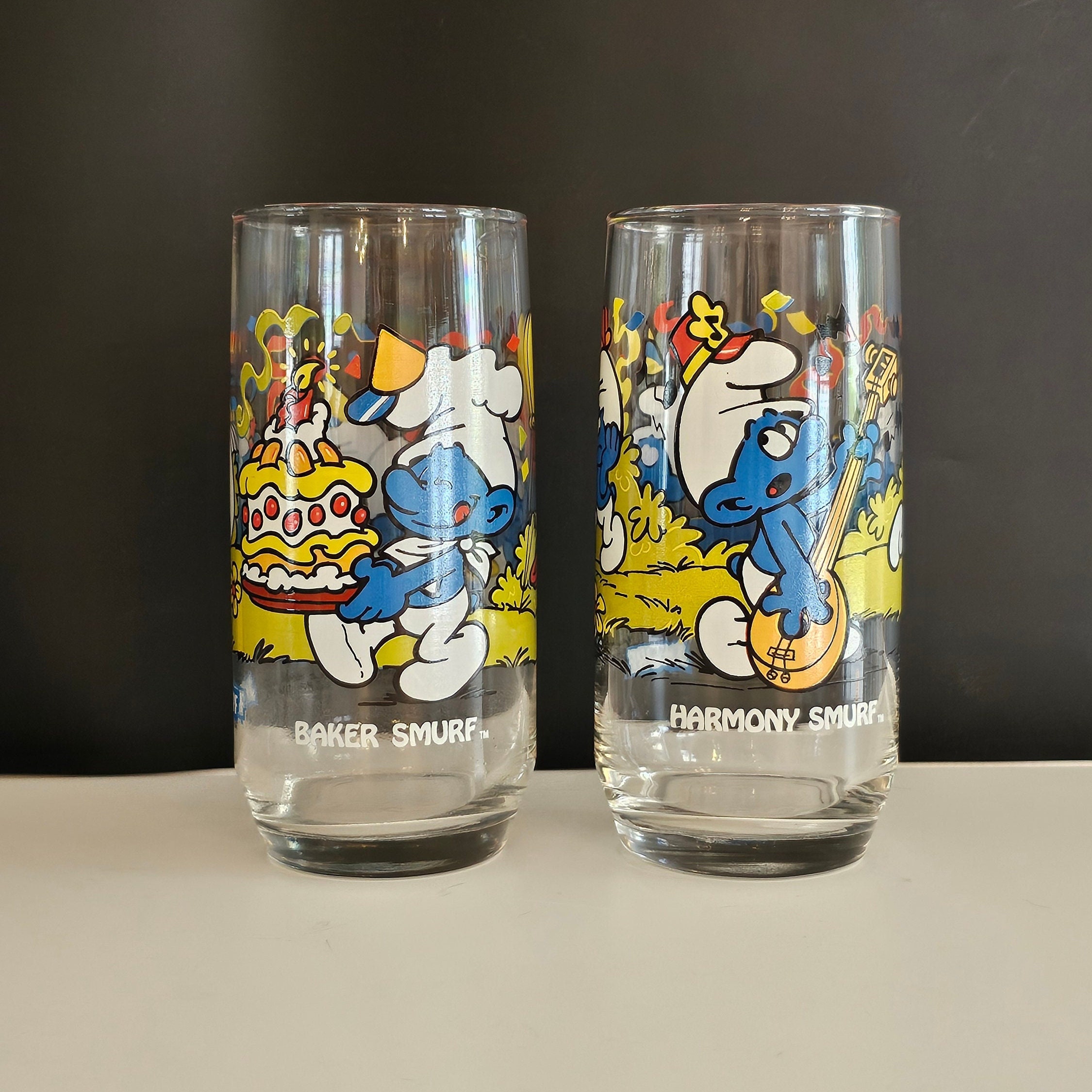 Vintage Smurf Glasses Set, Hardee's 1983 Collection, Baker