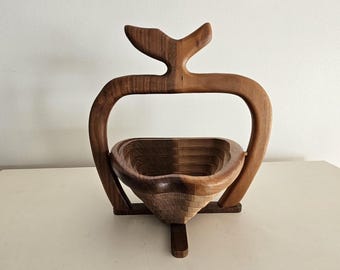 Vintage Collapsible Wooden Accordian Apple Basket, Trivet: Handmade
