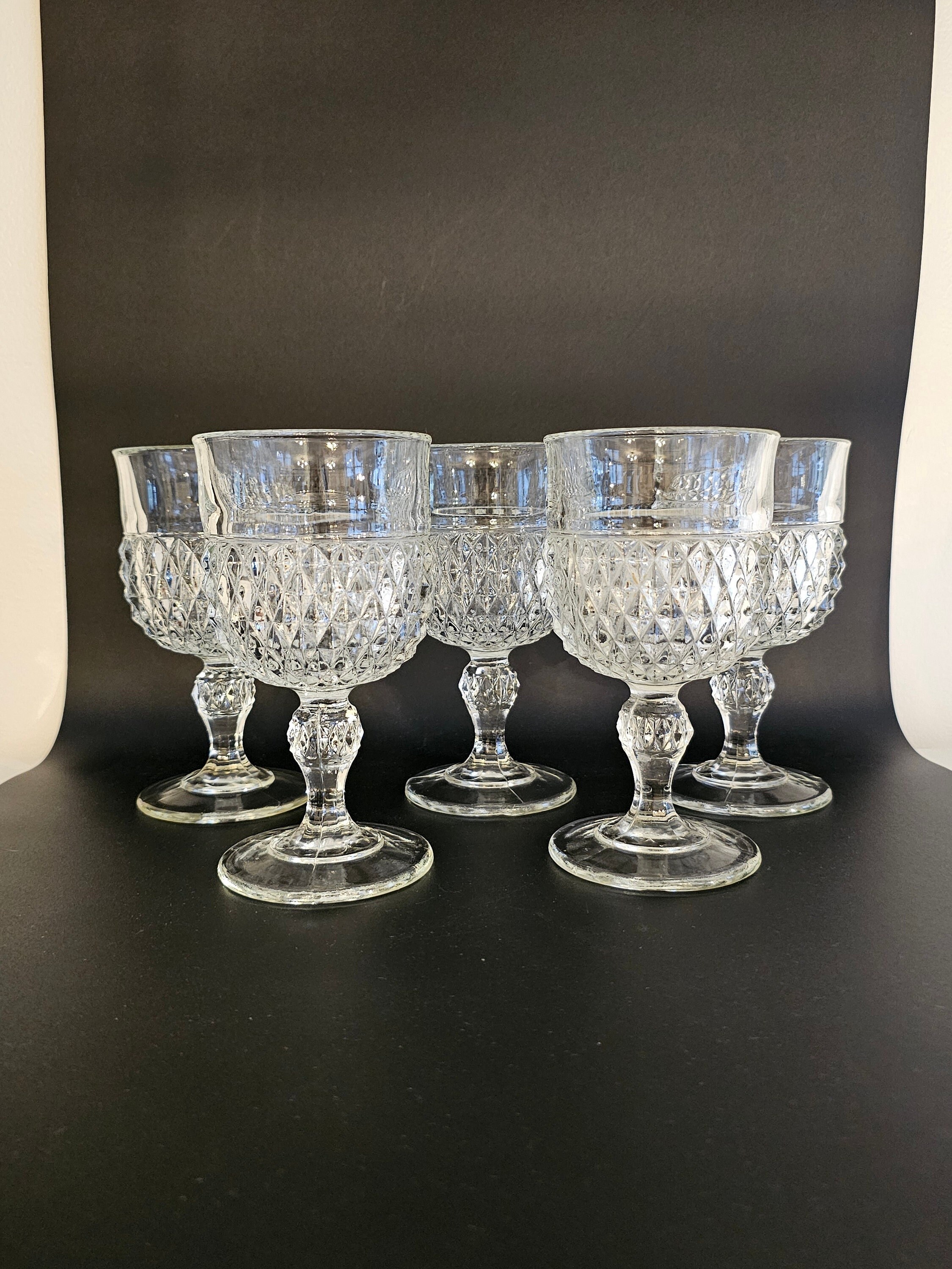 Indiana Glass Co Diamond Point Clear Wine Glasses Goblets