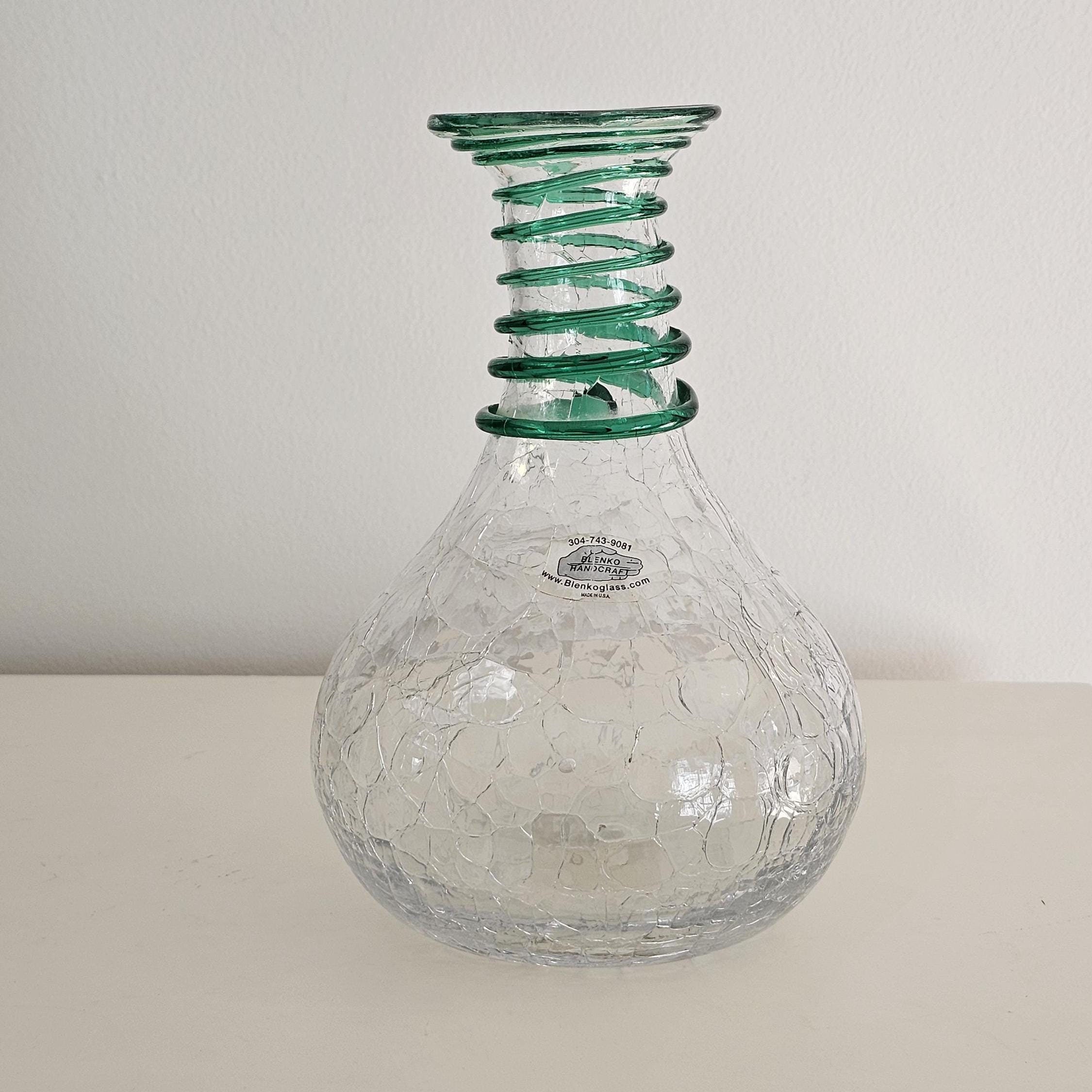 Rare Blenko Handcraft Clear and Clover Green Crackle Glass Vase