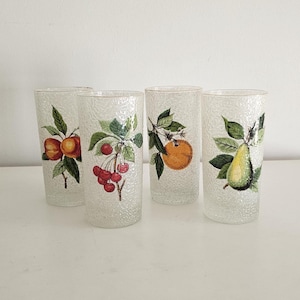 Vintage West Virginia Glass Frosted and Beaded Iced Tea Glasses with Orchard Fruit Motif SET OF 4
