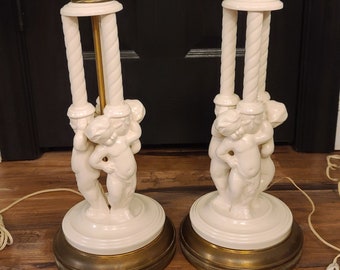 RARE Pair of Vintage 1950's Bisque Porcelain Cherub Table Lamps Mid Century 34"