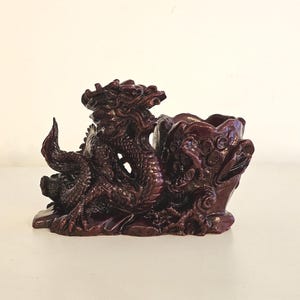 Vintage Chinese Dragon Incense Burner Candleholder Dark Red Resin Asian Decor