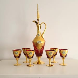 Vintage Murano Tre Fuochi 8 pc Decanter Pitcher with Stopper and 6 Wine Goblet Stemware Set Ruby Glass 24 kt Gold Gild Handmade Exceptional