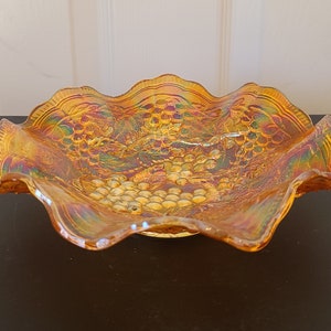Antique Imperial Carnival Glass Marigold Grapes Vine Leaves Scalloped Serving Bowl Highly Iridescent Orange Purple Green Blue Yellow