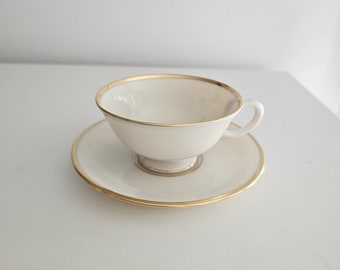 Lenox Mansfield Fine China Teacup Cup and Saucer Set, Ivory with 24k Gold Trim