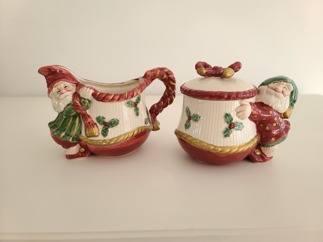 Vintage 1989 Fitz and Floyd Old World Elves Christmas Cream and Sugar