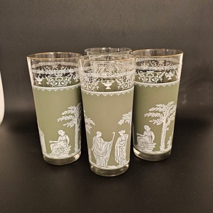 Vintage Jeanette Wedgewood Hellenic Grecian Style Green Jasperware Tumblers Glassware Glasses SET OF 4 Mid Century MCM 10 oz
