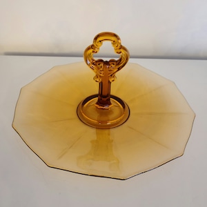 Cambridge Decagon Amber Depression Glass Handled Tidbit Dessert Serving Tray Dish