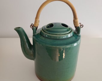 Vintage Stoneware Teapot with Bamboo Handles Blue Green Teal Glazed with Beige Glazed Interior Unmarked