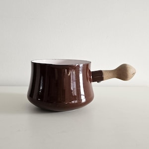 Vintage Dansk Brown Kobenstyle Soup Warming Pot / Sauce Pan / Enamel Cookware, Teakwood Handle Scandinavian, Jens Quistgaard 5.5&quot;