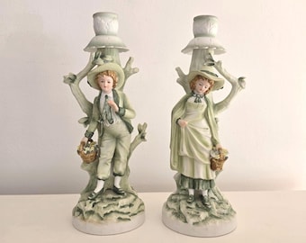 Andrea by Sadek Pair of Colonial Boy and Girl Green Porcelain Candlesticks 7925, 11"