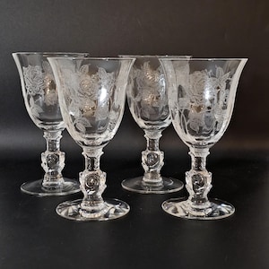 Heisey Rose SET OF 4 Fluted Etched Rose Water Goblets Wine Glasses Vintage 1940s Stemware