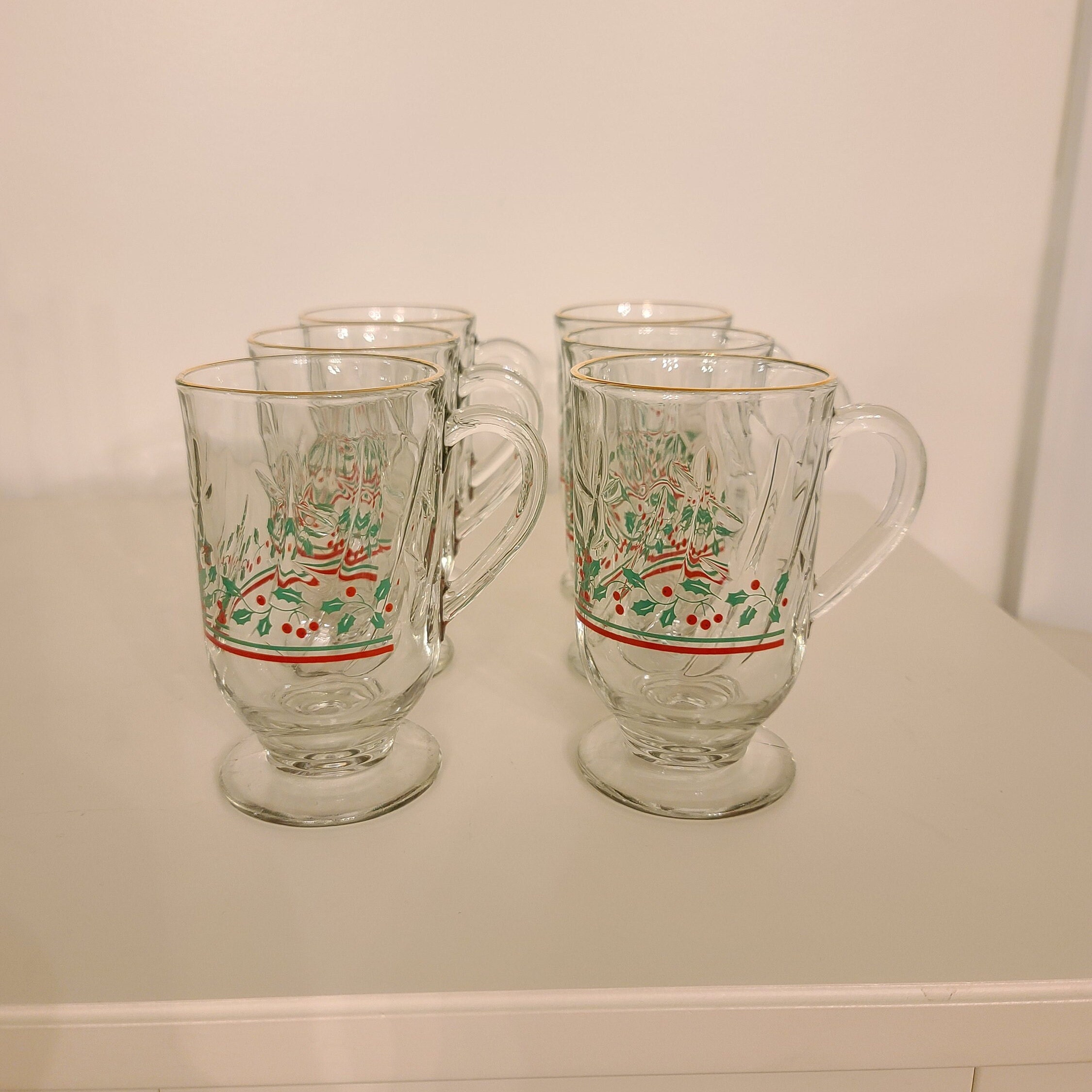 Clear Glass Holly Berry Mugs 12oz by Libbey, Christmas Coffee Mugs
