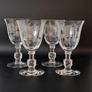 Heisey Rose SET OF 4 Fluted Etched Rose Water Goblets Wine Glasses Vintage 1940s Stemware