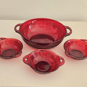 Anchor Hocking Coronation Royal Ruby Glass 4pc Berry Bowl Serving Set, 1940s
