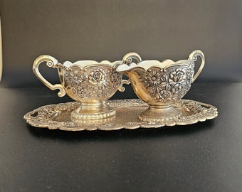 Himark Japan Tea Service Set Cream and Sugar with Tray 3 pcs Ornate Rose and Floral Silverplate Enamel RARE