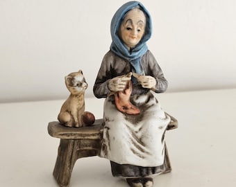 Woman Knitting on a Bench with Cat Porcelain Figurine 5"