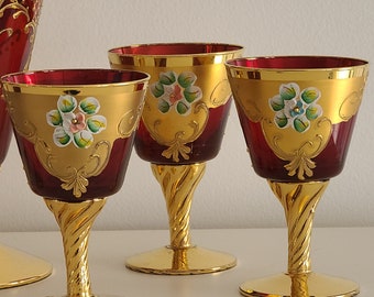Vintage Murano Tre Fuochi Decanter Set: Ruby Glass, 24kt Gold, 8