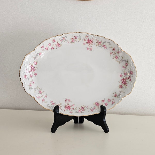 Antique Hutschenreuther Richelieu 12.75" Oval Scalloped Serving Platter Selb Germany Bavaria White China Pink Rose Garland, Gold Trim