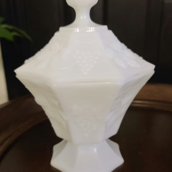 Vintage Anchor Hocking Harvest Grape Milk Glass Candy Dish with Lid 1950's