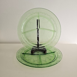 Vintage Ballerina Cameo Green Uranium Glass Divided Plates - Set of 2