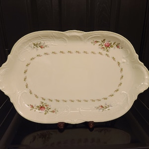 Very RARE Rosenthal Sanssouci Selb Germany US Zone Standard Pattern Square 15.5&quot; Serving Platter Oval Porcelain Ivory Pink Rose Green Trim