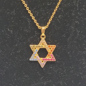 Gold and rainbow cubic zerconia star of David necklace