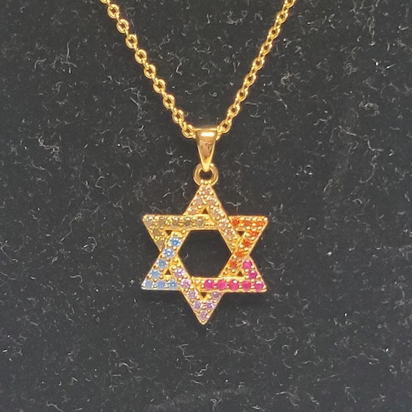 Gold and rainbow cubic zerconia star of David necklace