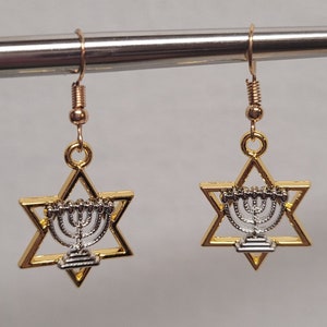 Gold star of David with silver menorah earrings
