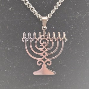 Stainless steel silver menorah necklace