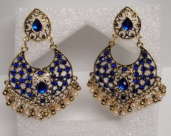 Large Sephardic gold and blue earrings