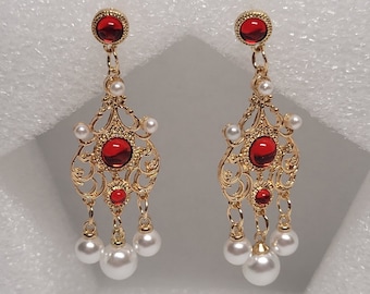 Red, gold and faux pearl dangle earrings