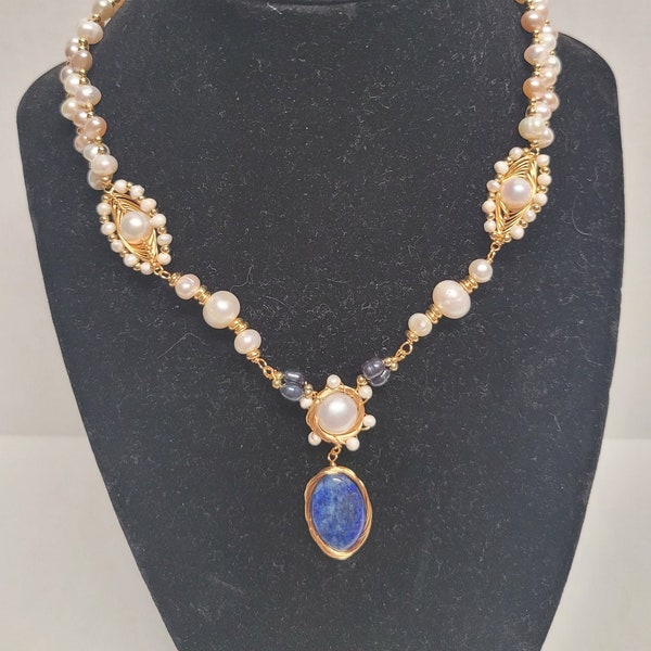 Miriam's joy freshwater pearl and lapis lazuli necklace