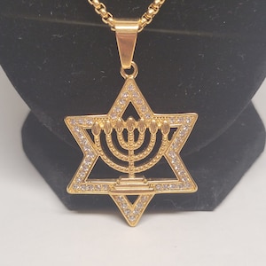 Gold plated Jewish star of David and menorah necklace