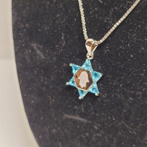 Silver Star of David with white fire opal Hamsa necklace