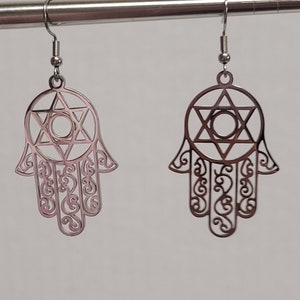 Stainless steel hamsa and star of David dangle earrings