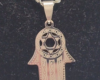 Stainless steel silver Jewish Hamsa with star of David necklace