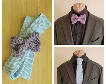 Tie and Bow knitting pattern bundle. Easy Knitted Bow pattern. Simple Knitted Necktie pattern. Designed for Sport and Fingering weight yarn.